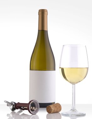 Beyaz arka plan ve cam izole beyaz şarap şişesi