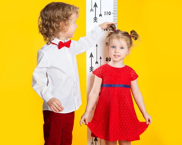 A boy and a girl, a brother and a sister measure their height using a height meter. Smart children on a yellow background. A boy in a red bow tie. A girl in a red dress. European family.