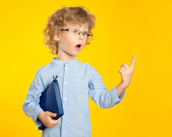 Bel Ragazzo Dai Capelli Ricci Con Gli Occhiali Biondi Diario — Foto Stock