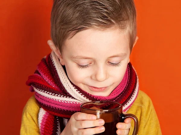 Ragazzo Carino Beve Una Tazza Vetro Marrone Malato Non Sta — Foto Stock