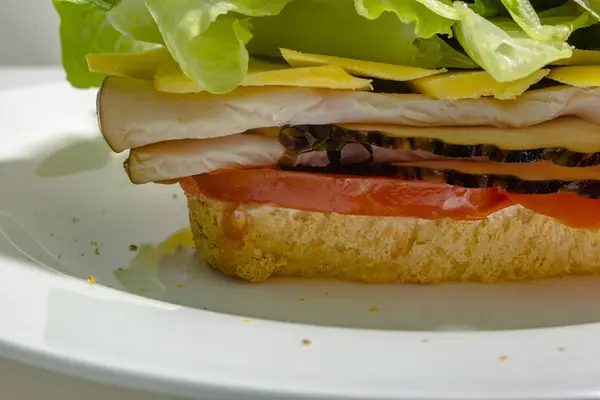 Extreme Nahaufnahme Makro des Bodens eines Sandwich auf einem weißen pl — Stockfoto