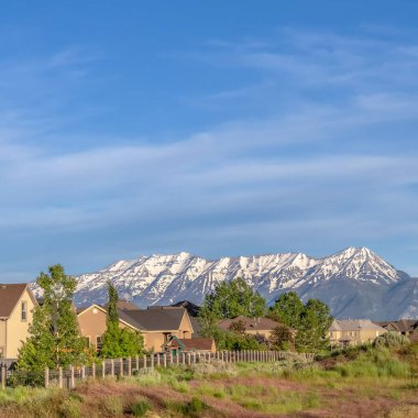 Karla kaplı muhteşem uzak bir dağa bakan bir tepedeki kare evler.