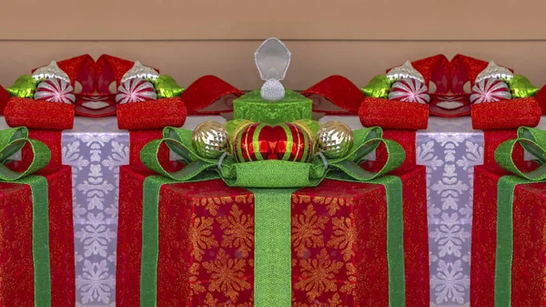 Panorama frame Close up view of Christmas presents with vibrant colorful wrappi — Stock Photo, Image