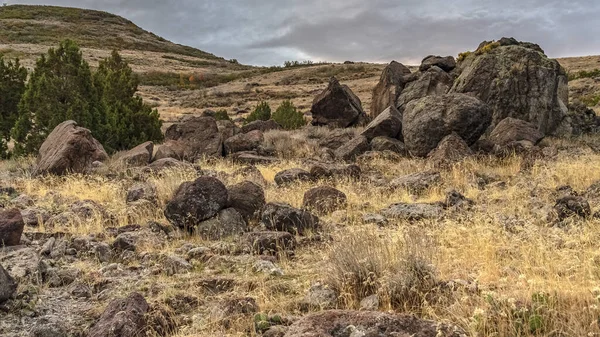Panorama Hiking trail through boulder strewn grassland with rocks