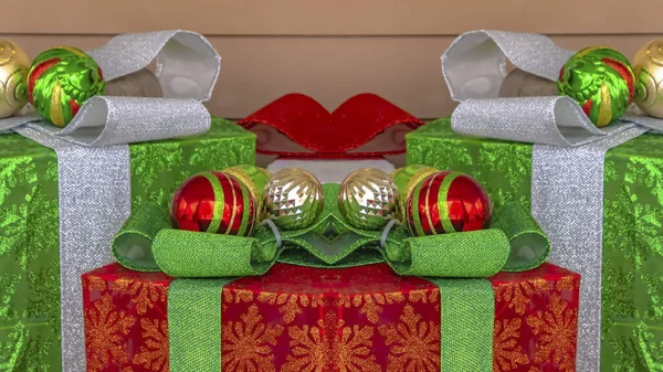 Panorama Three Christmas presents with vibrant colorful wrapping bows and — Stock Photo, Image