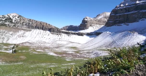 山頂の雪景色を望む牧草地の左側にパノラマビューをパノラマビュー — ストック動画