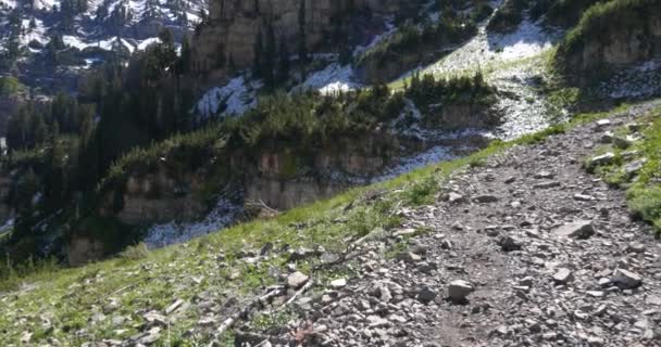 Una sartén a la izquierda de un sendero rocoso hasta la cima del Monte Timpanogos — Vídeos de Stock