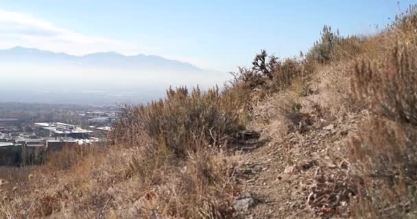 市街地の眺めハイキングから見える山の後ろの塩湖市 — ストック動画