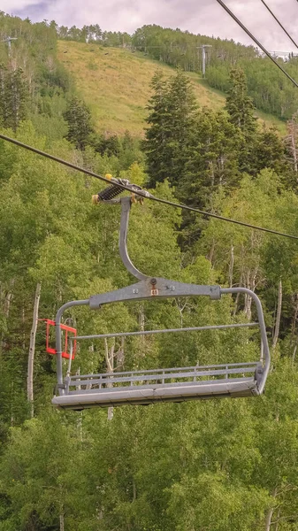 Verticaal frame Levendig groen zomerlandschap van bomen en berg onder stoeltjesliften — Stockfoto