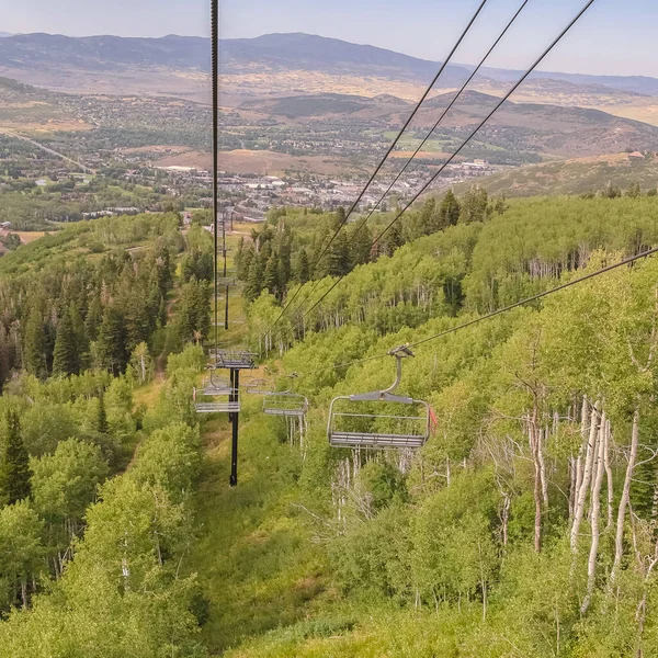 Vierkante lijst Groene bomen en grassen op een berg met stoeltjesliften op een bewolkte zomerdag — Stockfoto