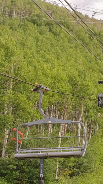 Verticale stoeltjesliften op kabels over skiberg met dikke groene bomen in het laagseizoen — Stockfoto