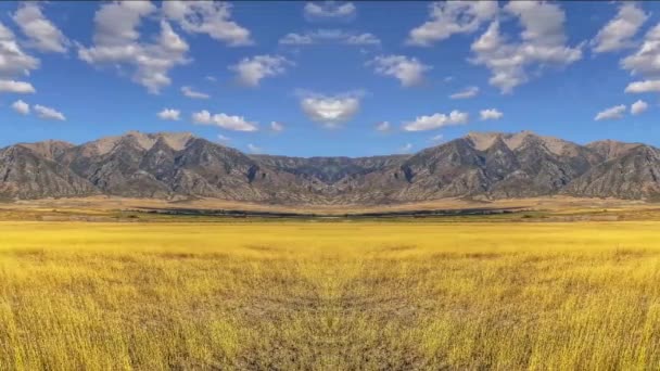 A pásztázó hegy koncepcionális remixe a kék ég alatti füveken túl a felhőkkel — Stock videók