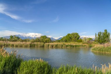 Kar kaplı dağ ve mavi gökyüzü manzaralı göl manzarası.
