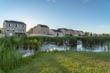 Yeşil çimenli gölet ve arka planda çok katlı aile evleri.