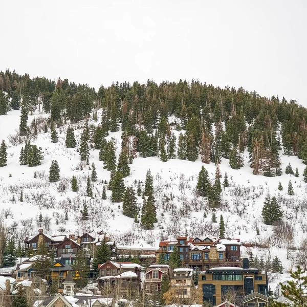 Cadre carré Vue hivernale enneigée à Park City Utah avec bâtiments et maisons sur une montagne — Photo