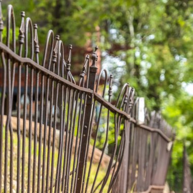 Eski ve paslı demir çitleri çimenli zemin ve yemyeşil ağaçlara kapatın.