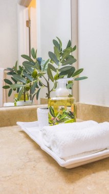 Beyaz duvar ve aynaya karşı tepside havlu sabun ve bitki içeren dikey çerçeve tezgahı