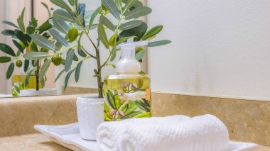 Pano çerçeve tepsisi yüz havlularıyla el sabunu ve temiz bir banyoda saksı bitkisi.