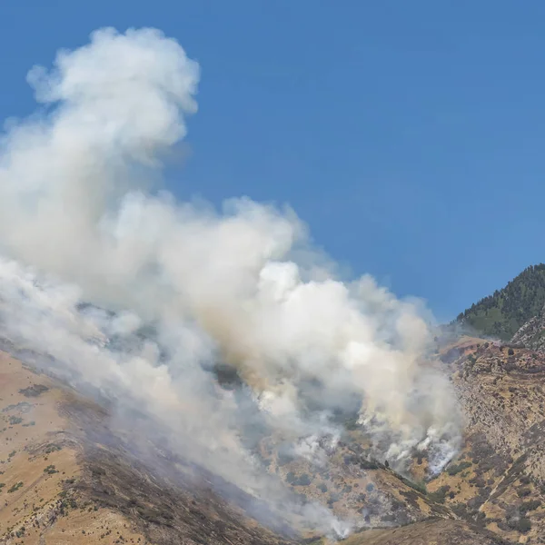 Cadre carré Épais bouffées de fumée du feu dans la montagne sur fond de ciel bleu clair — Photo
