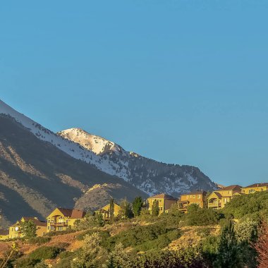 Karlı dağ manzaralı ve bulutsuz mavi gökyüzü olan bir tepedeki kare evler