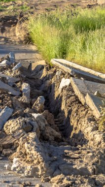 Güneşli bir günde yemyeşil çimlerle kaplı hasarlı beton yola dikey olarak yaklaş