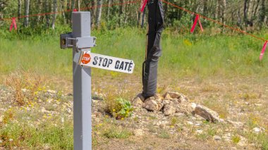 Panorama Hiking trails views with stop gate sign in Park City ski resort in summer