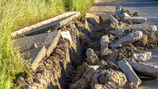 Panorama çerçeve, güneşli bir günde yemyeşil çimlerle kaplı hasarlı beton yolu kapatın