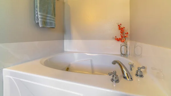 Panorama banyosunun içinde banyo küveti ve paslanmaz çelik musluk var. — Stok fotoğraf