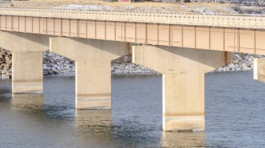 Parlak göl üzerinde çimenli ve karlı manzaralı Panorama Köprüsü