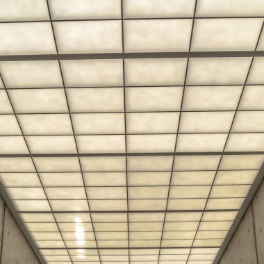 Beton yan duvarı ve cam duvarı olan kare eğimli cam çatı.