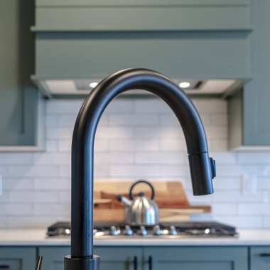 Kare Duble Kase Mutfak Adası mutfak ve dolaplara karşı siyah musluk ile batar