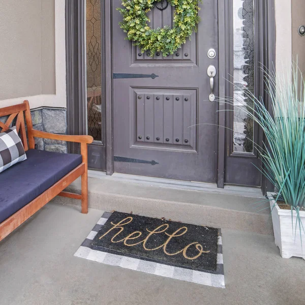 Square frame Beautiful home entrance with gray door sidelights and huge transom window — Stock Photo, Image