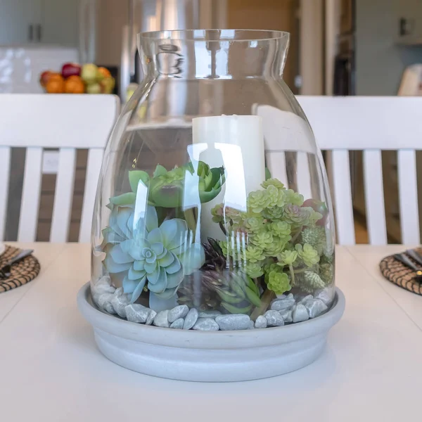 Foto Praça Cenário de mesa na casa da família com utensílios de mesa brancos e plantas ornamentais — Fotografia de Stock