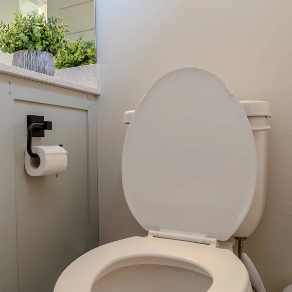 Foto Square Toilet junto a un tocador de baño con gabinetes encimera blanca y espejo — Foto de Stock