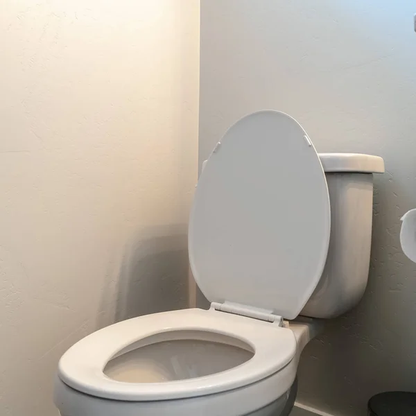 Square Toilet and vanity cabinet with tissue roll holder against white wall of bathroom — 스톡 사진