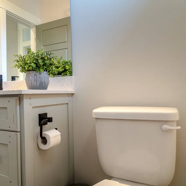 Фоторамка Кабинет тщеславия и туалет внутри ванной комнаты дома с белой стеной — стоковое фото