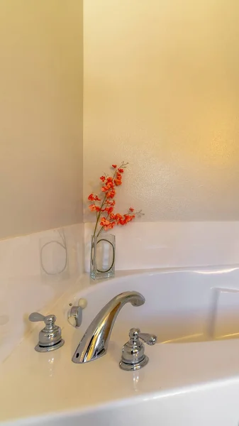 Struttura verticale Interno del bagno con vasca da bagno lucida e rubinetto in acciaio inossidabile — Foto Stock