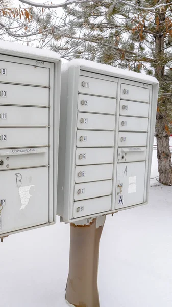 Photo Vertical Mailbox against neighbourhood landscape covered with fresh white snow in winter — Stock Photo, Image