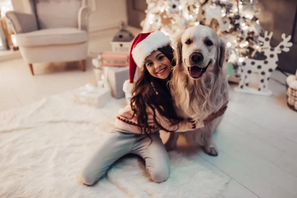 Девушка с собакой в канун Нового года — стоковое фото