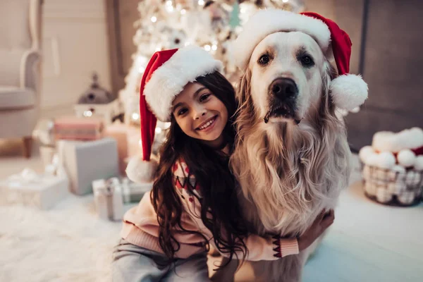 Flicka med hund på nyårsafton — Stockfoto