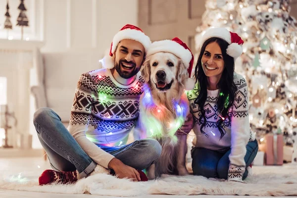 Paar mit Hund an Silvester — Stockfoto