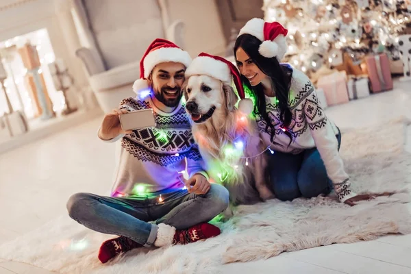 Par med hund på nyårsafton — Stockfoto
