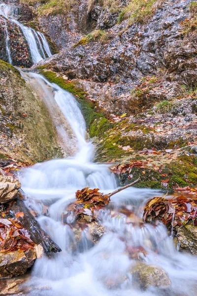 Cascata su un torrente nella foresta autunnale . — Foto Stock