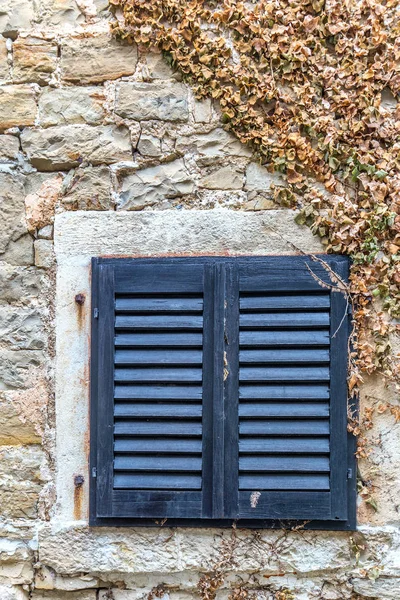 Et gammelt vindu med blå vinduslemmer . – stockfoto