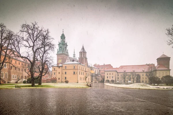 Zamek Królewski na Wawelu w Krakowie podczas śnieżnego dnia w Boże Narodzenie. — Zdjęcie stockowe