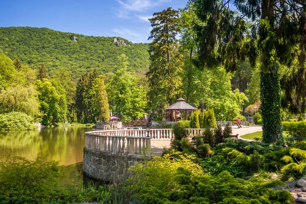 Kaplıca kenti Rajecke Teplice Slovakya'da bir göl ile Park.