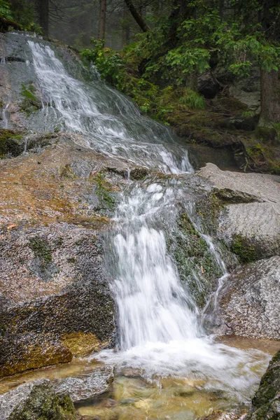 A Magas Tátra nemzeti parkban, Szlovákiában erdei vízesés, — Stock Fotó