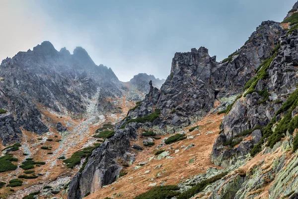 Horské vrcholy v údolí Mlynicka na konci podzimního období. — Stock fotografie