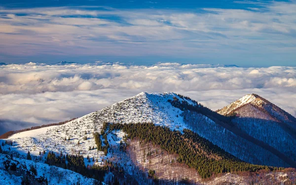 Paisaje montañoso invernal en un día soleado con niebla en los valles — Foto de Stock