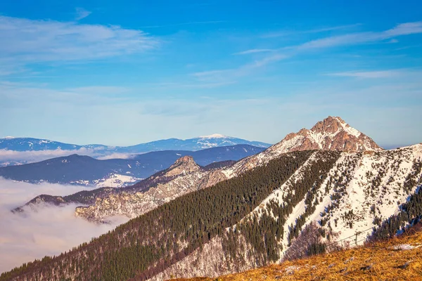 Zimní horská krajina za slunečného dne s mlhou v údolích — Stock fotografie